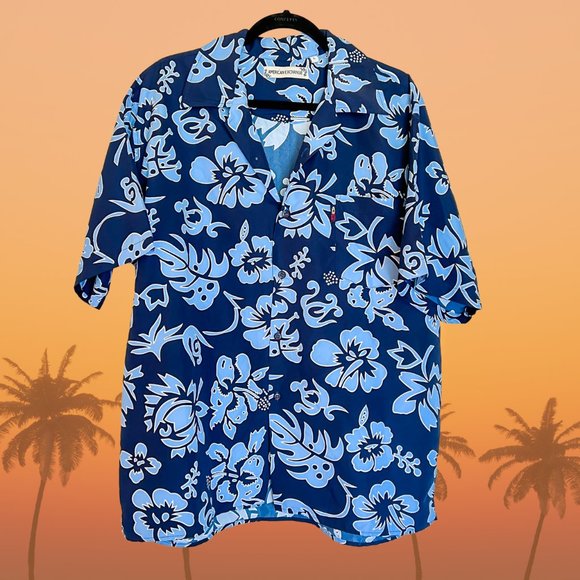 Y2K Blue Hawaiian Shirt Floral Men's Large Navy Blue Button Down Beach Summer Tr - Picture 1 of 5